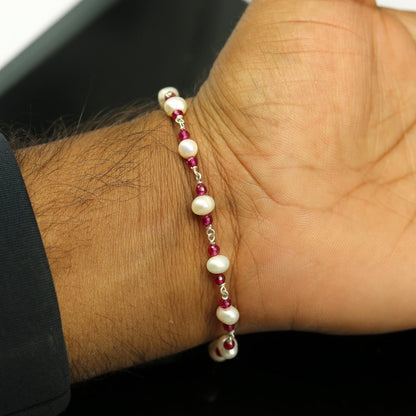8" inches 925 sterling silver handmade customized beaded bracelet, excellent natural pearl unisex bracelet gifting jewelry for gir's nsbr187 - TRIBAL ORNAMENTS