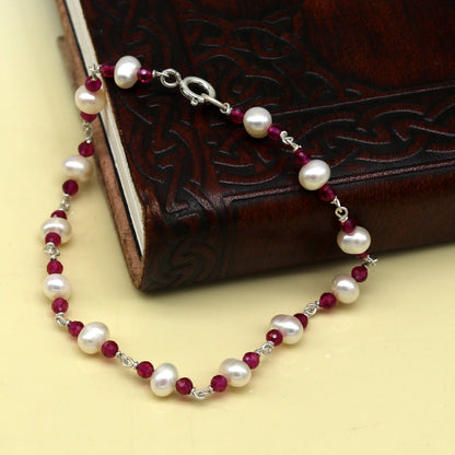 8" inches 925 sterling silver handmade customized beaded bracelet, excellent natural pearl unisex bracelet gifting jewelry for gir's nsbr187 - TRIBAL ORNAMENTS