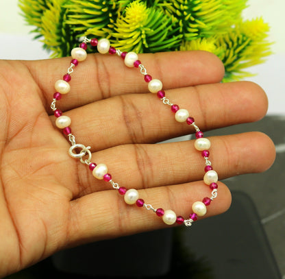 8" inches 925 sterling silver handmade customized beaded bracelet, excellent natural pearl unisex bracelet gifting jewelry for gir's nsbr187 - TRIBAL ORNAMENTS