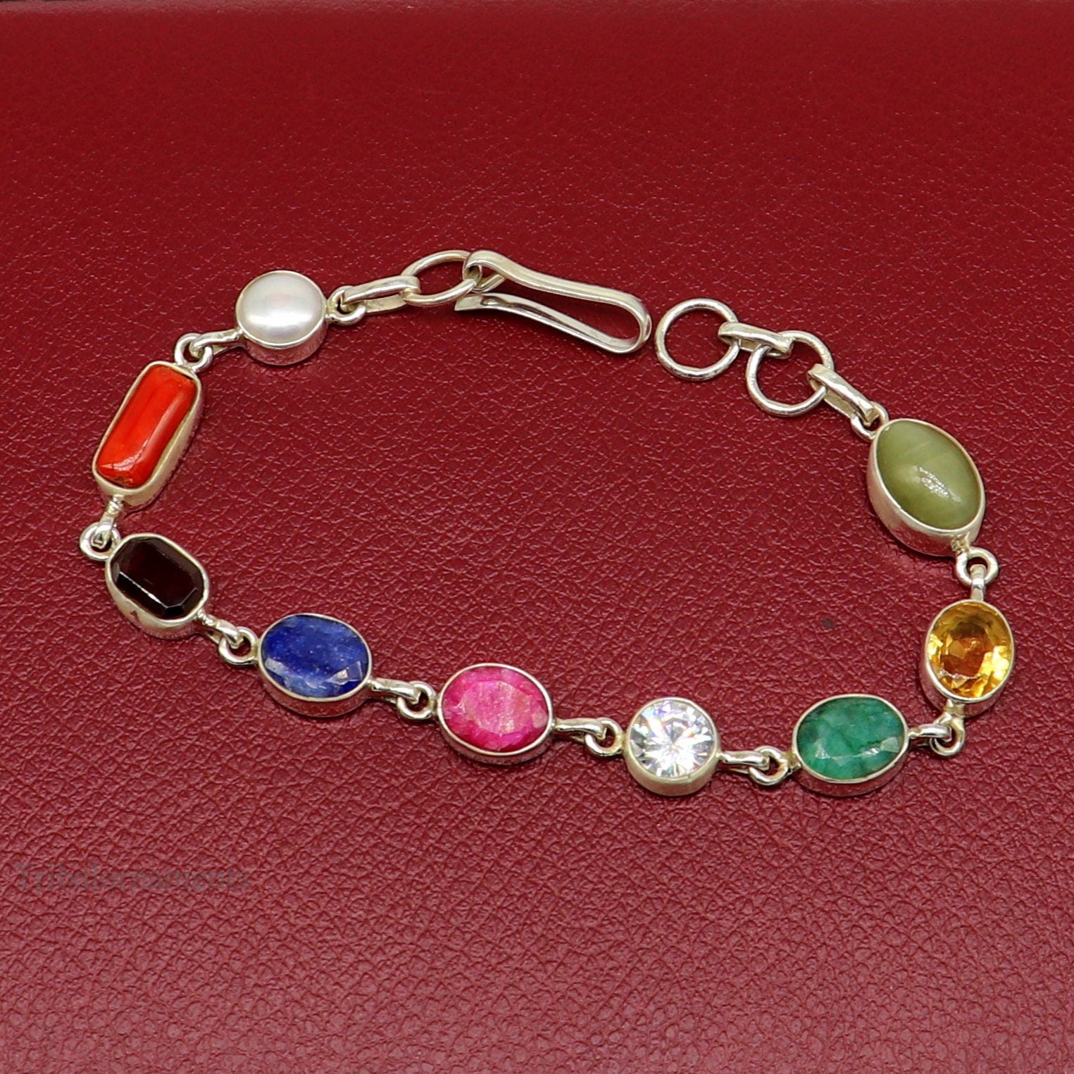 8 inches long 925 sterling silver handmade Navratan stone nine stone bracelet, Stunning stylish jewelry from Rajasthan India nsbr415 - TRIBAL ORNAMENTS