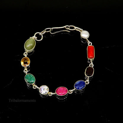 925 sterling silver Navratan stone nine-stone bracelet featuring colorful gemstones, handmade stylish jewelry from Rajasthan.