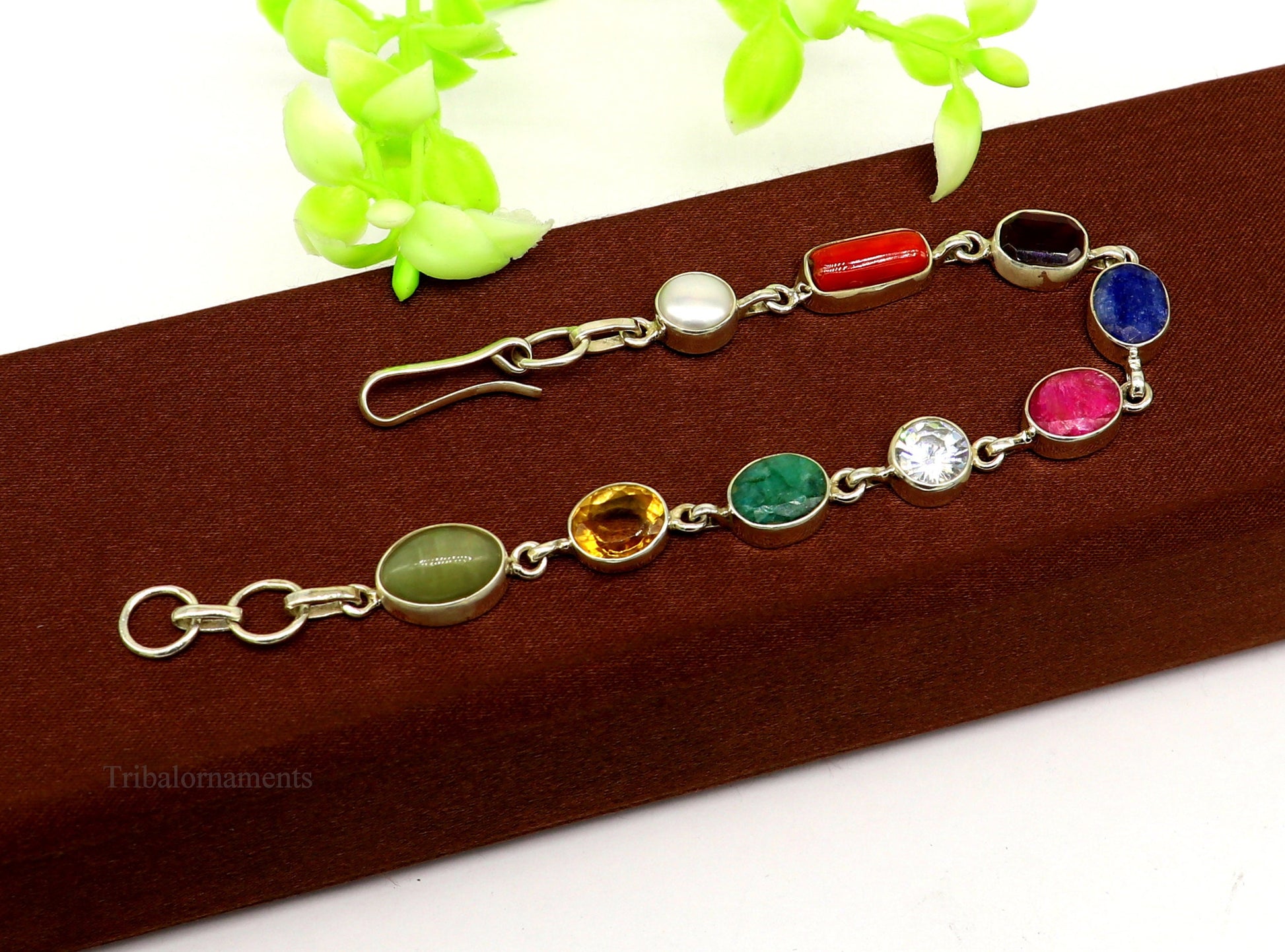 8 inches long 925 sterling silver handmade Navratan stone nine stone bracelet, Stunning stylish jewelry from Rajasthan India nsbr415 - TRIBAL ORNAMENTS