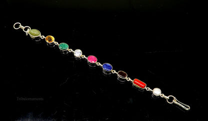 925 sterling silver Navratan stone nine-stone bracelet featuring handmade traditional design from Rajasthan, stylish jewelry by TRIBAL ORNAMENTS.