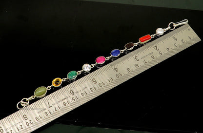 925 sterling silver Navratan stone bracelet with nine colorful stones, handmade stylish jewelry from Rajasthan by TRIBAL ORNAMENTS
