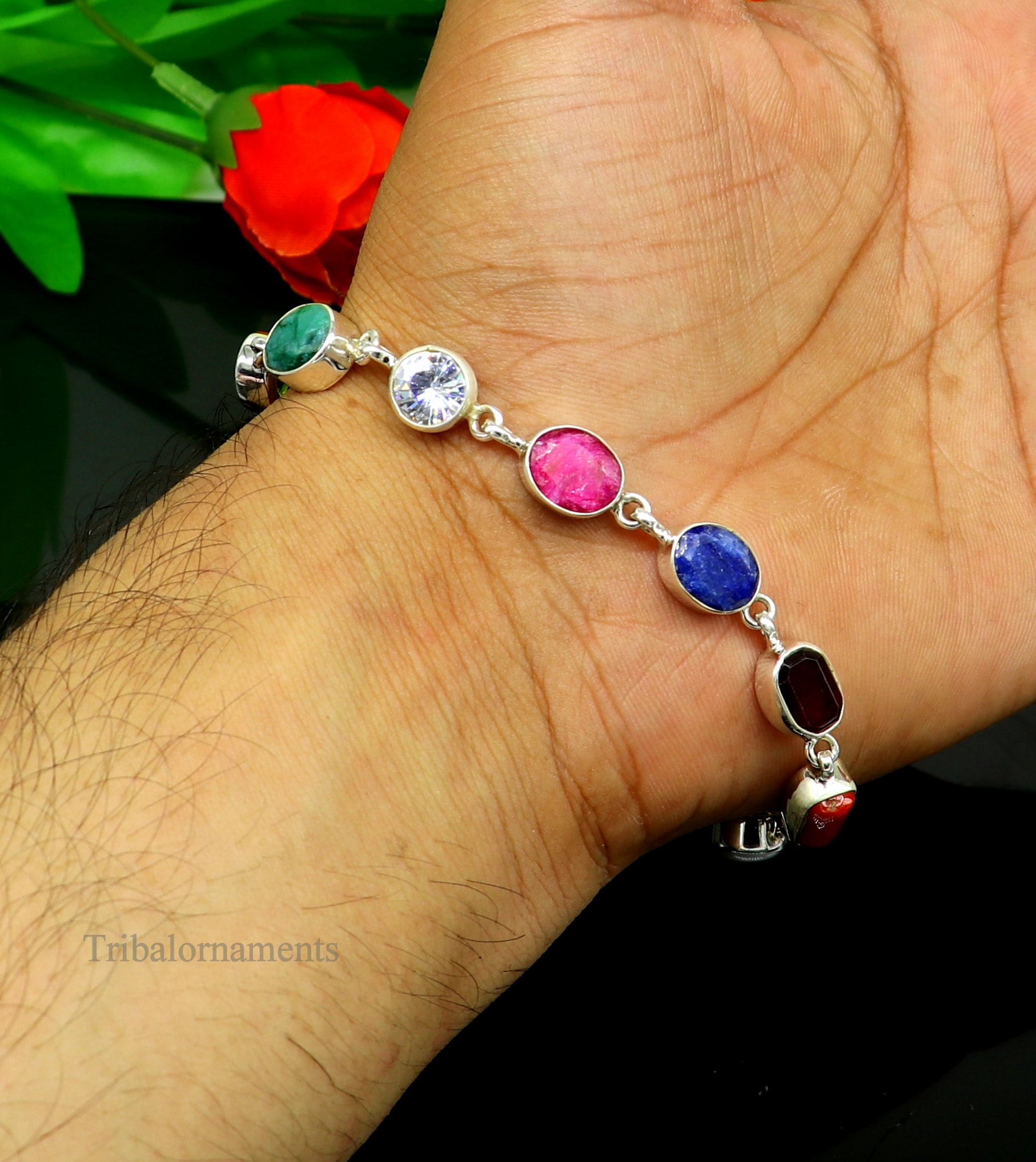 8 inches long 925 sterling silver handmade Navratan stone nine stone bracelet, Stunning stylish jewelry from Rajasthan India nsbr415 - TRIBAL ORNAMENTS