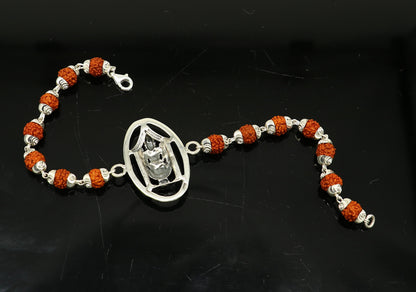 Sterling silver Tirupati Balaji design bracelet with Rudraksha beads, handmade, 8 inches long, personalized tribal ornaments jewelry