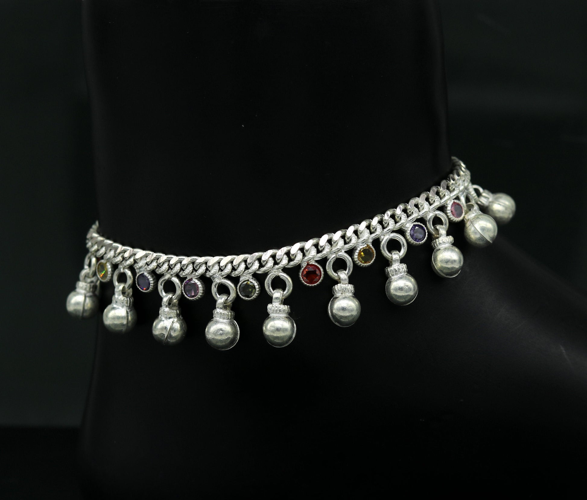 8" long handmade 925 sterling silver with gorgeous hanging noisy bells and multicolor stone, excellent charm ankle bracelet, anklets ank217 - TRIBAL ORNAMENTS