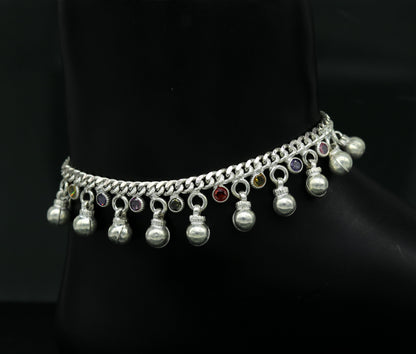 Sterling silver toddler anklet with colorful stones, hanging noisy bells, charming ankle bracelet by Tribal Ornaments.