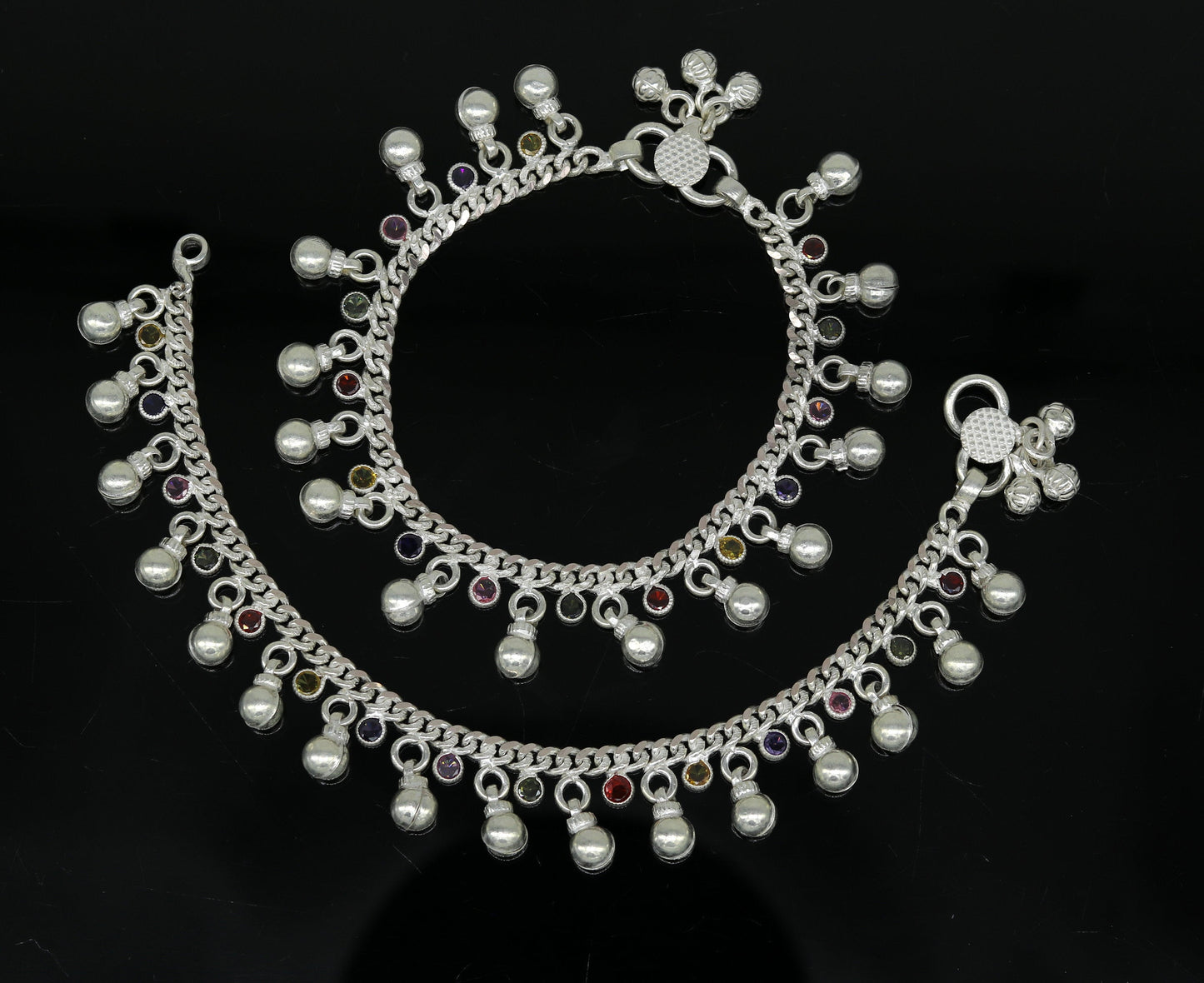 8" long handmade 925 sterling silver with gorgeous hanging noisy bells and multicolor stone, excellent charm ankle bracelet, anklets ank217 - TRIBAL ORNAMENTS