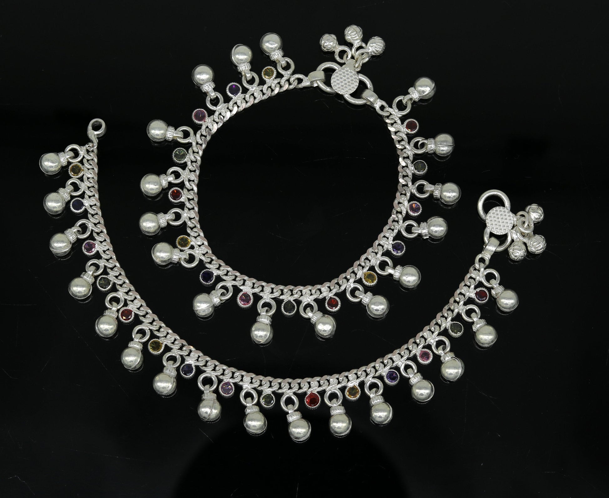 8" long handmade 925 sterling silver with gorgeous hanging noisy bells and multicolor stone, excellent charm ankle bracelet, anklets ank217 - TRIBAL ORNAMENTS