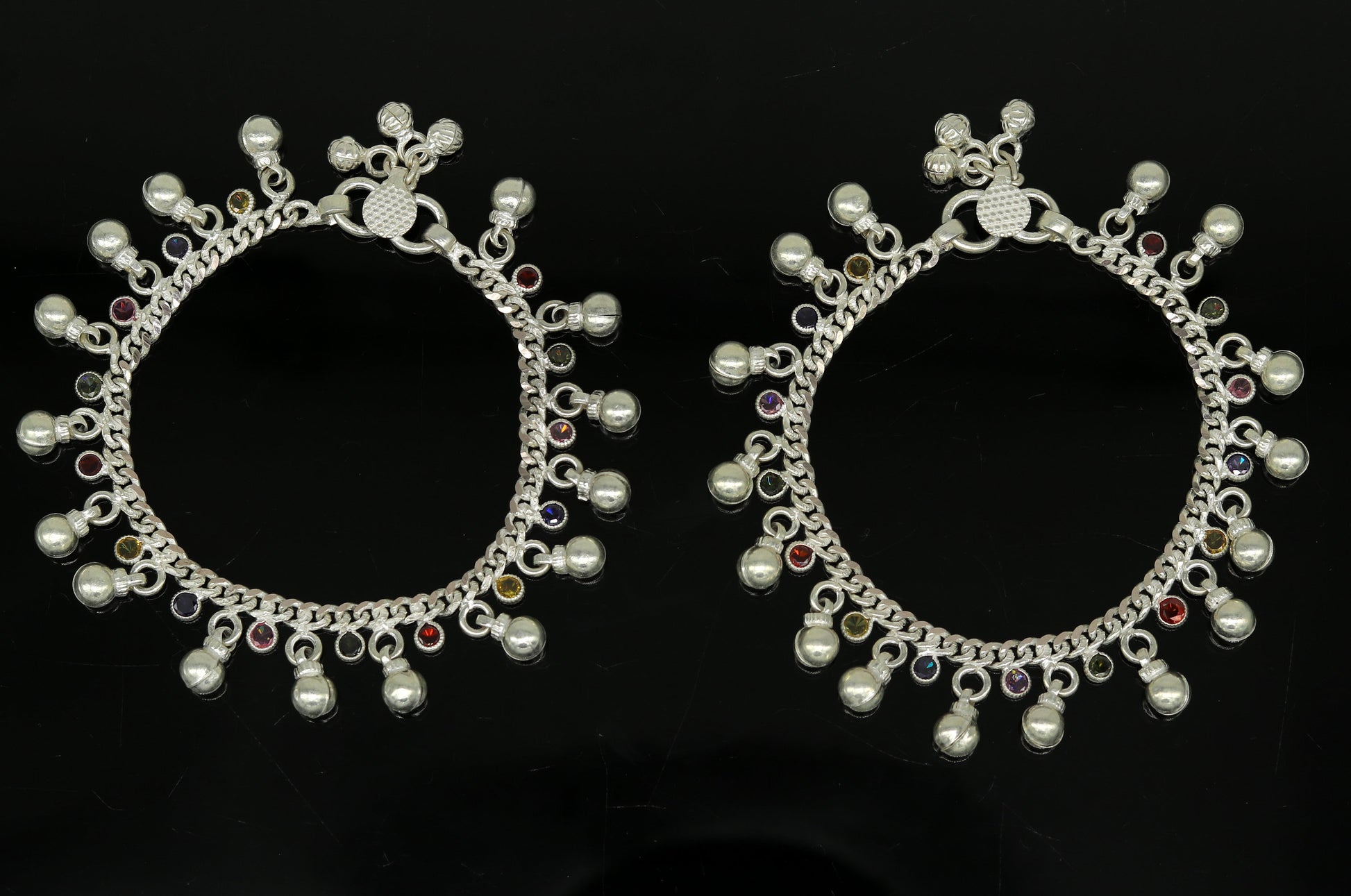 8" long handmade 925 sterling silver with gorgeous hanging noisy bells and multicolor stone, excellent charm ankle bracelet, anklets ank217 - TRIBAL ORNAMENTS