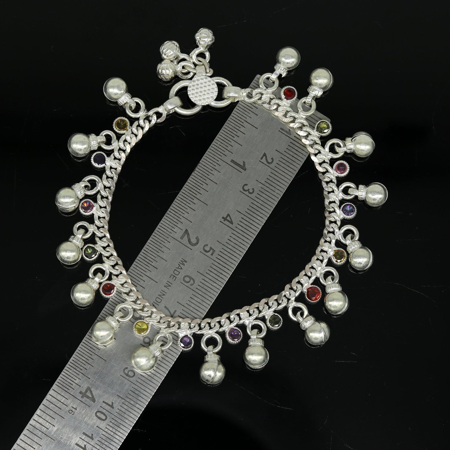 8" long handmade 925 sterling silver with gorgeous hanging noisy bells and multicolor stone, excellent charm ankle bracelet, anklets ank217 - TRIBAL ORNAMENTS