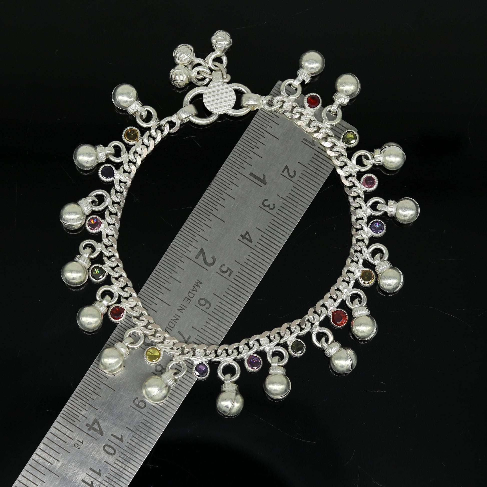 8" long handmade 925 sterling silver with gorgeous hanging noisy bells and multicolor stone, excellent charm ankle bracelet, anklets ank217 - TRIBAL ORNAMENTS