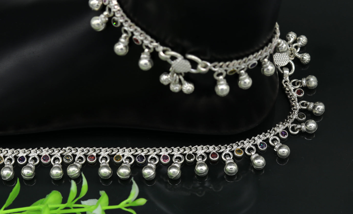 8" long handmade 925 sterling silver with gorgeous hanging noisy bells and multicolor stone, excellent charm ankle bracelet, anklets ank217 - TRIBAL ORNAMENTS