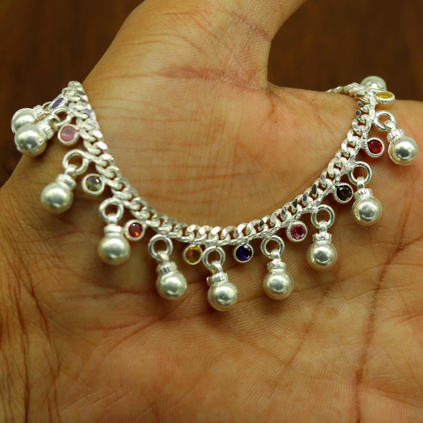 8" long handmade 925 sterling silver with gorgeous hanging noisy bells and multicolor stone, excellent charm ankle bracelet, anklets ank217 - TRIBAL ORNAMENTS