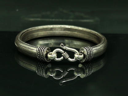 Sterling silver snake chain bracelet with D shape half-round design, handcrafted jewelry by Tribal Ornaments, customizable gift item.