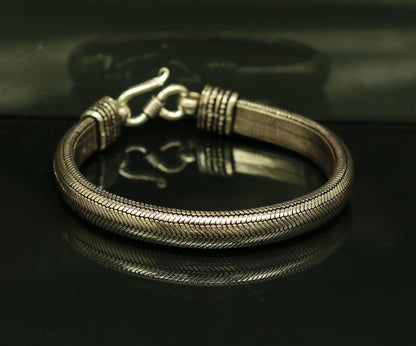 Sterling silver snake chain bracelet with D shape half-round design, handmade and personalized jewelry by TRIBAL ORNAMENTS.