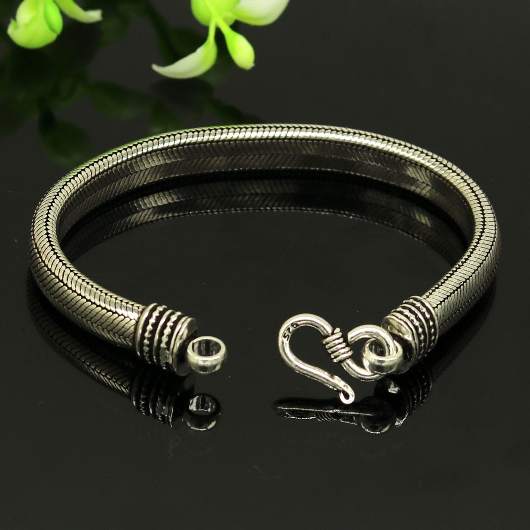 8" solid 925 sterling silver handmade snake chain heavy customized D shape half round design bracelet, personalized gifting jewelry sbr203 - TRIBAL ORNAMENTS