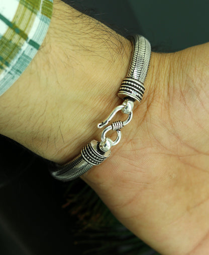 Sterling silver snake chain bracelet with D shape half-round design, handmade by TRIBAL ORNAMENTS for personalized gift jewelry.
