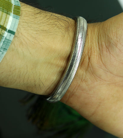 Sterling silver snake chain bracelet with D shape half-round design, handmade and customizable jewelry by TRIBAL ORNAMENTS.