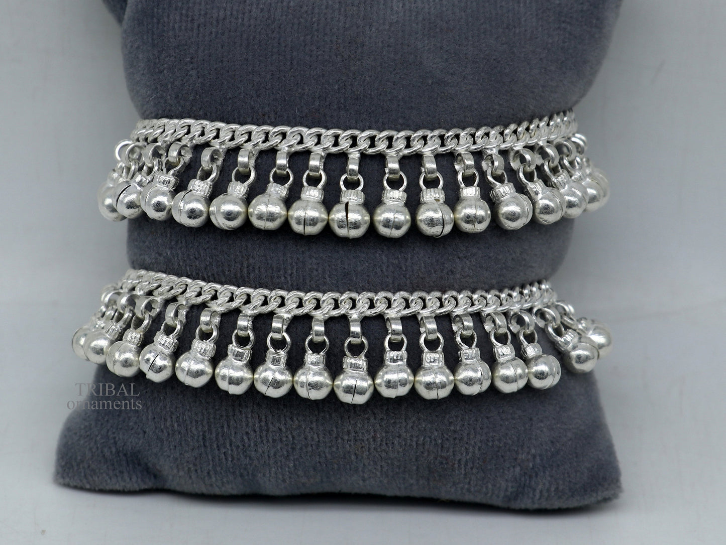 8" Vintage style sterling silver handmade solid chain ankle bracelet with amazing noisy jingle bells belly girl's genuine jewelry ank450 - TRIBAL ORNAMENTS