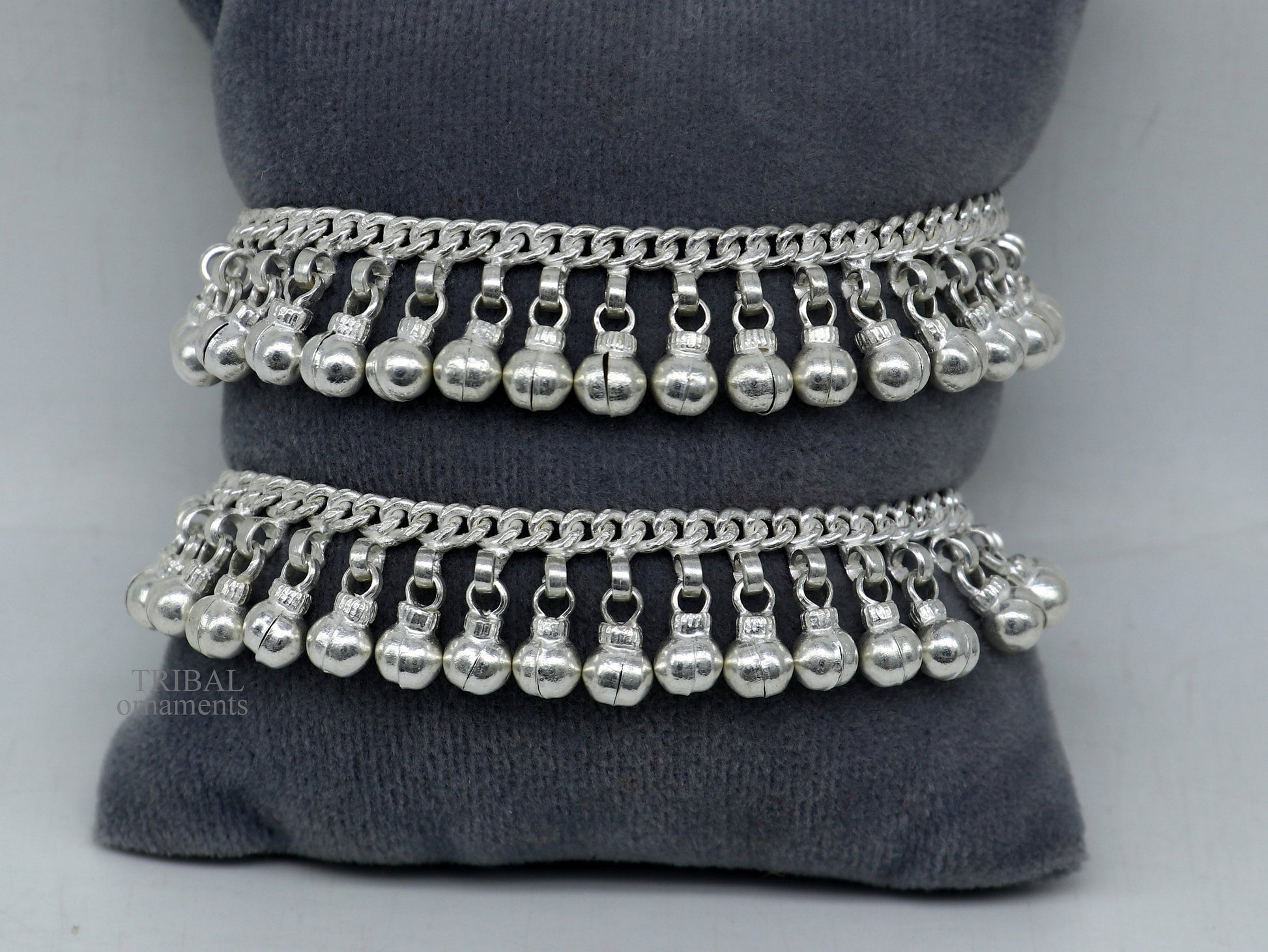 8" Vintage style sterling silver handmade solid chain ankle bracelet with amazing noisy jingle bells belly girl's genuine jewelry ank450 - TRIBAL ORNAMENTS