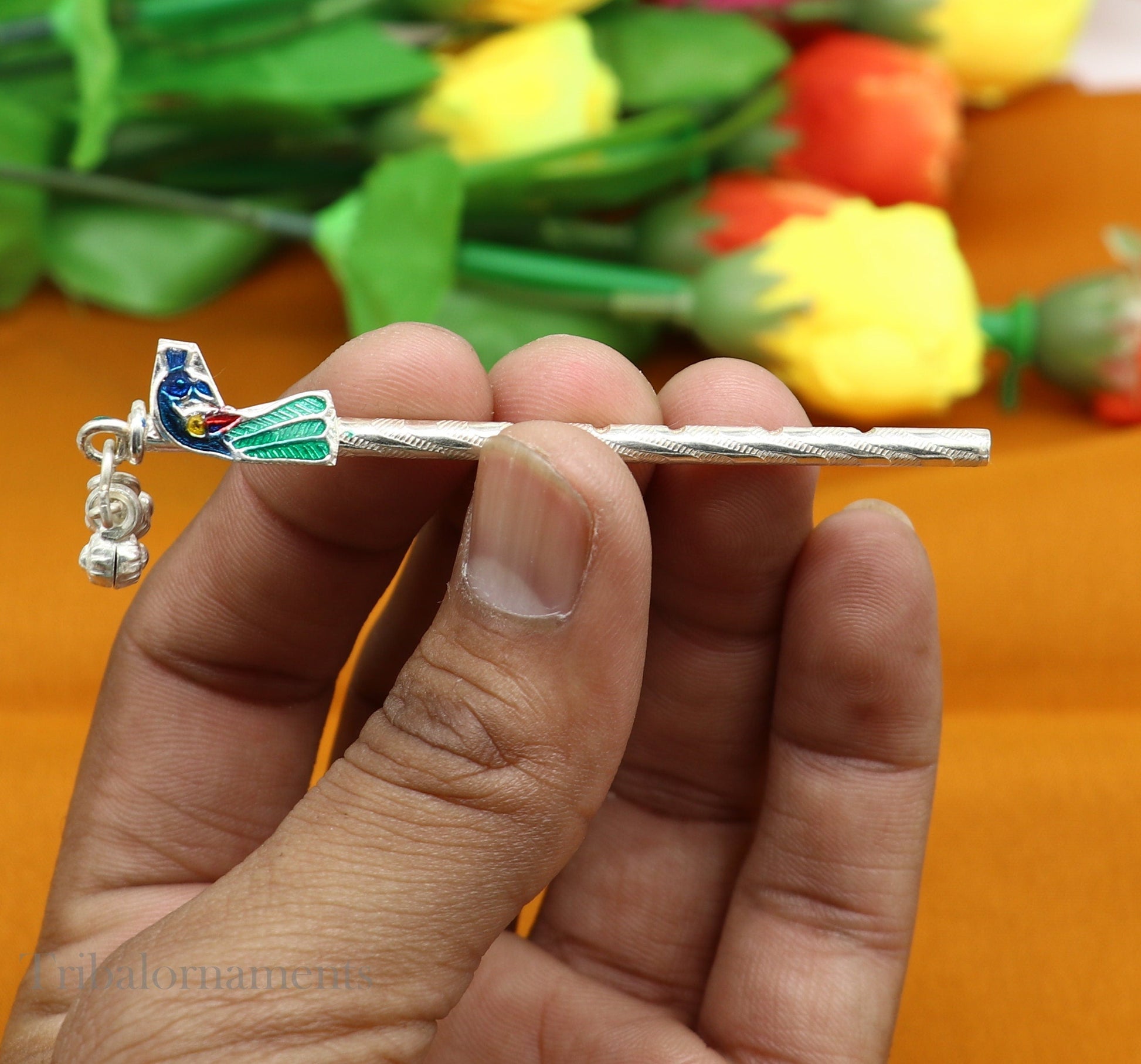 8cm sterling silver handmade Peacock design Krishna flute, silver Bansuri, Baby Gopala flute, little krishna flute puja art su580 - TRIBAL ORNAMENTS