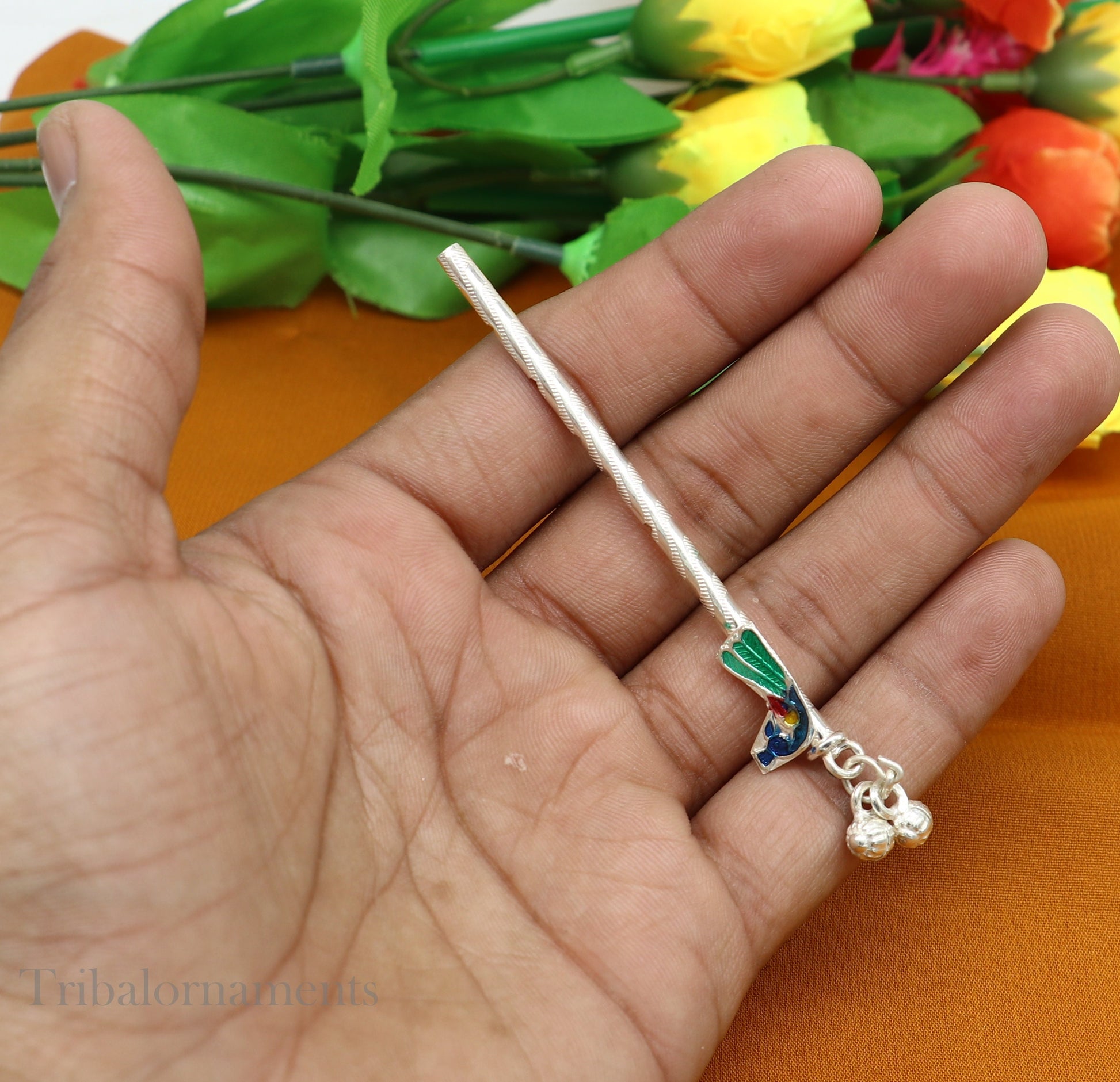 8cm sterling silver handmade Peacock design Krishna flute, silver Bansuri, Baby Gopala flute, little krishna flute puja art su580 - TRIBAL ORNAMENTS