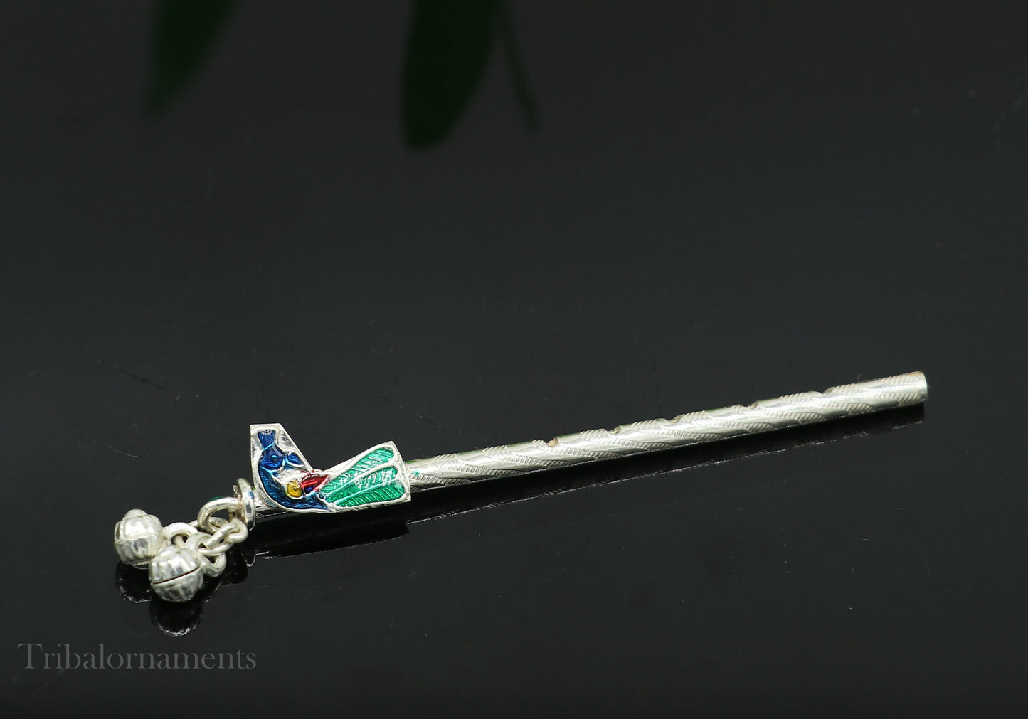 8cm sterling silver handmade Peacock design Krishna flute, silver Bansuri, Baby Gopala flute, little krishna flute puja art su580 - TRIBAL ORNAMENTS