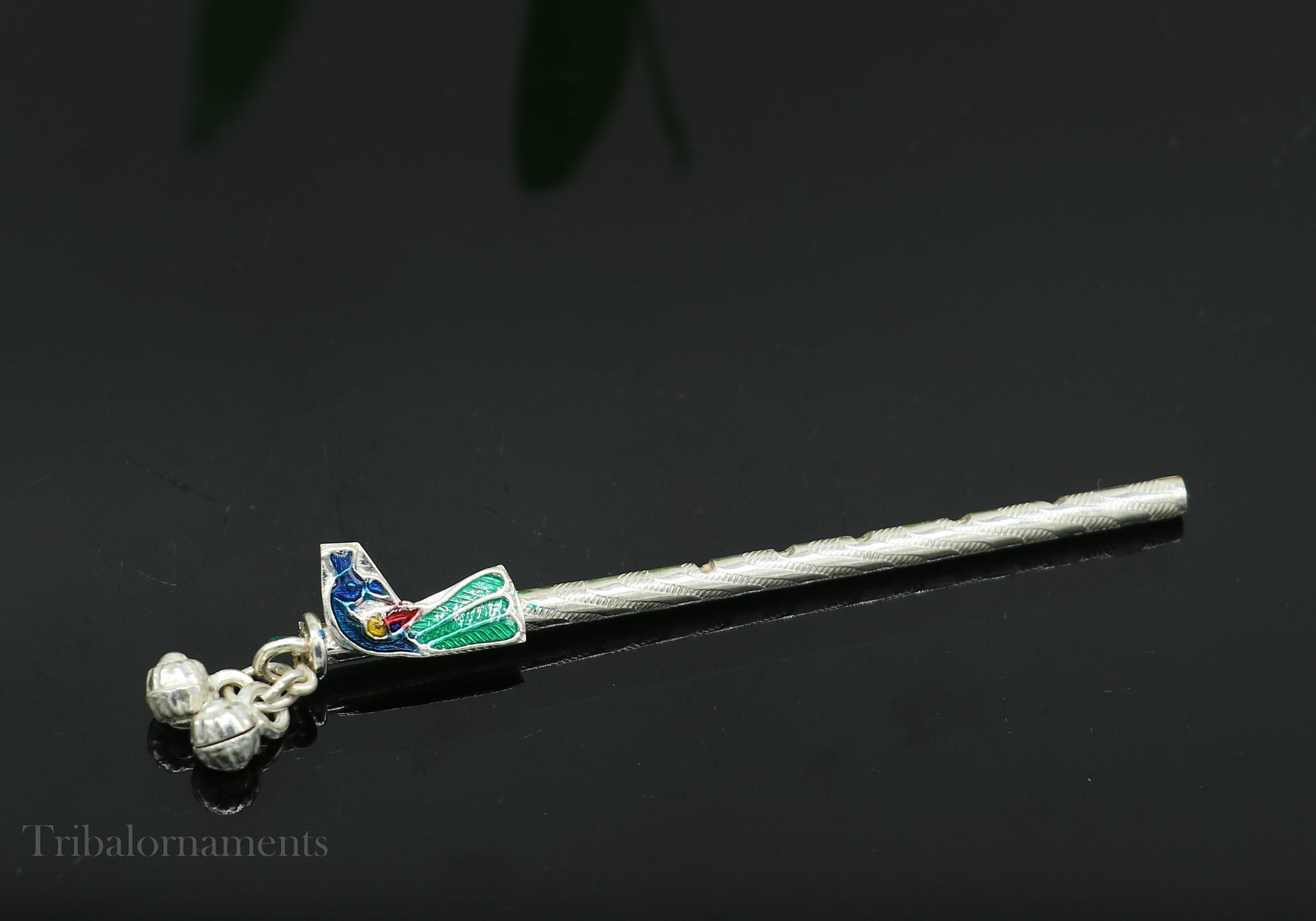 8cm sterling silver handmade Peacock design Krishna flute, silver Bansuri, Baby Gopala flute, little krishna flute puja art su580 - TRIBAL ORNAMENTS