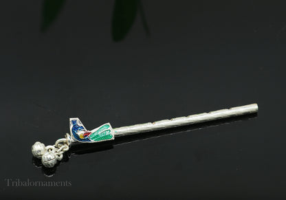 8cm sterling silver handmade Peacock design Krishna flute, silver Bansuri, Baby Gopala flute, little krishna flute puja art su580 - TRIBAL ORNAMENTS