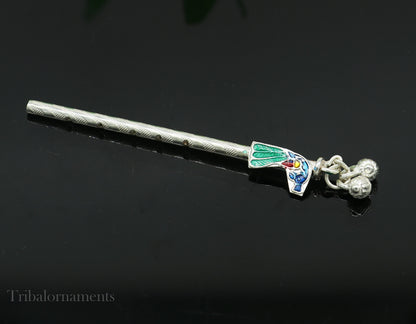 8cm sterling silver handmade Peacock design Krishna flute, silver Bansuri, Baby Gopala flute, little krishna flute puja art su580 - TRIBAL ORNAMENTS