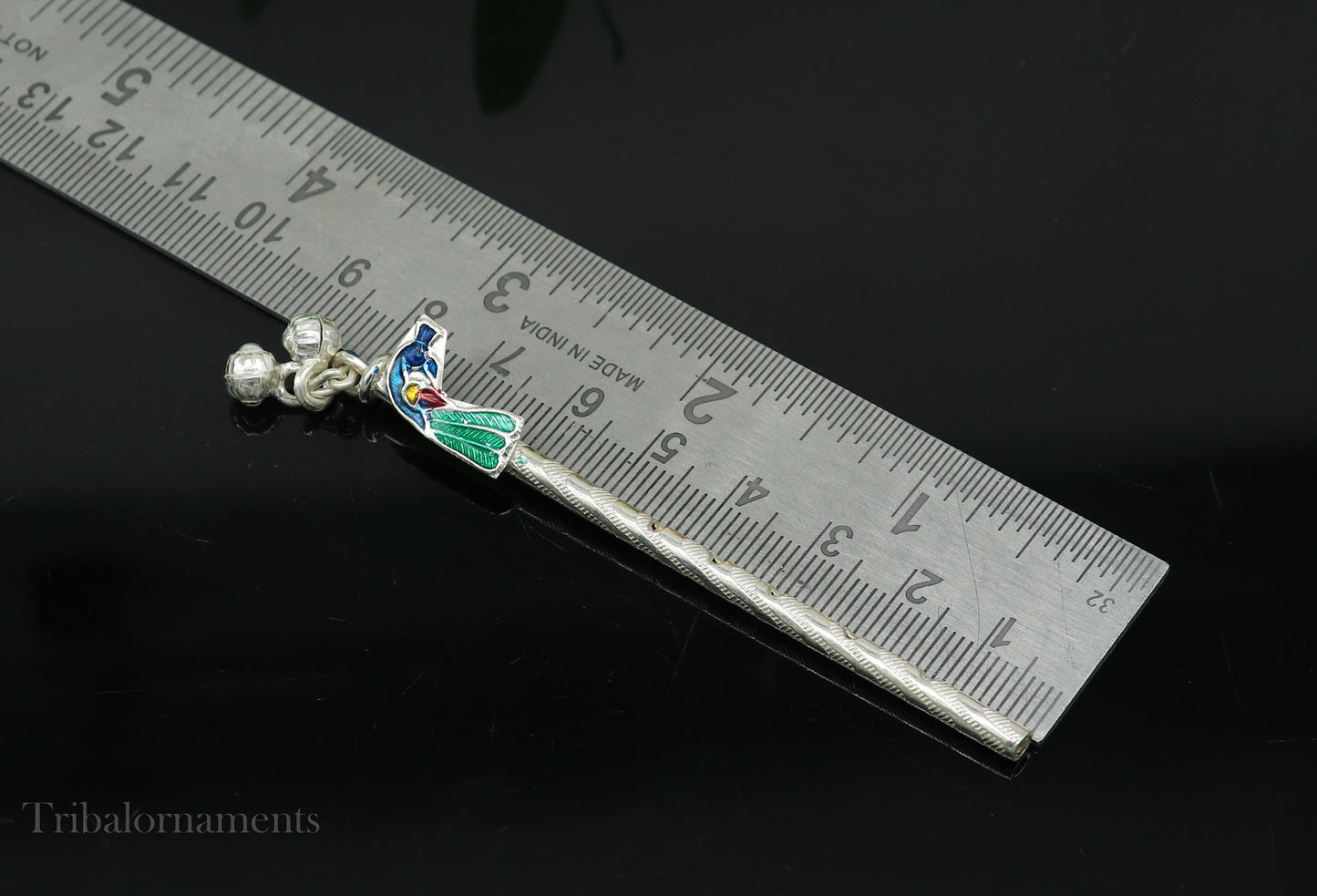 8cm sterling silver handmade Peacock design Krishna flute, silver Bansuri, Baby Gopala flute, little krishna flute puja art su580 - TRIBAL ORNAMENTS