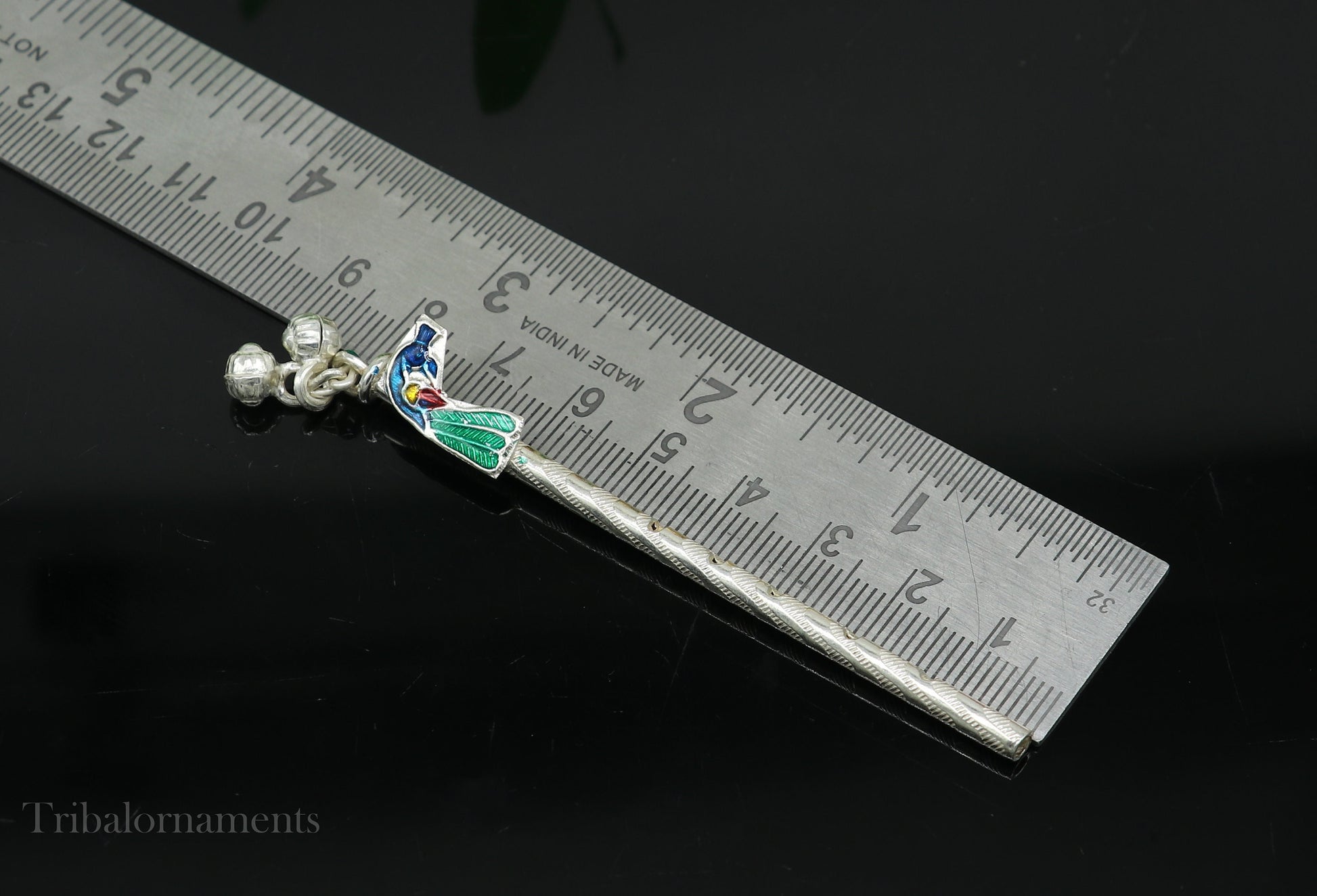 8cm sterling silver handmade Peacock design Krishna flute, silver Bansuri, Baby Gopala flute, little krishna flute puja art su580 - TRIBAL ORNAMENTS