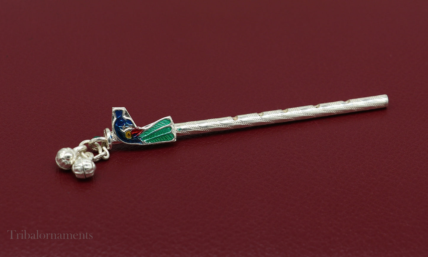 8cm sterling silver handmade Peacock design Krishna flute, silver Bansuri, Baby Gopala flute, little krishna flute puja art su580 - TRIBAL ORNAMENTS