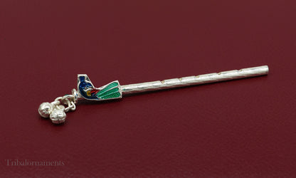 8cm sterling silver handmade Peacock design Krishna flute, silver Bansuri, Baby Gopala flute, little krishna flute puja art su580 - TRIBAL ORNAMENTS