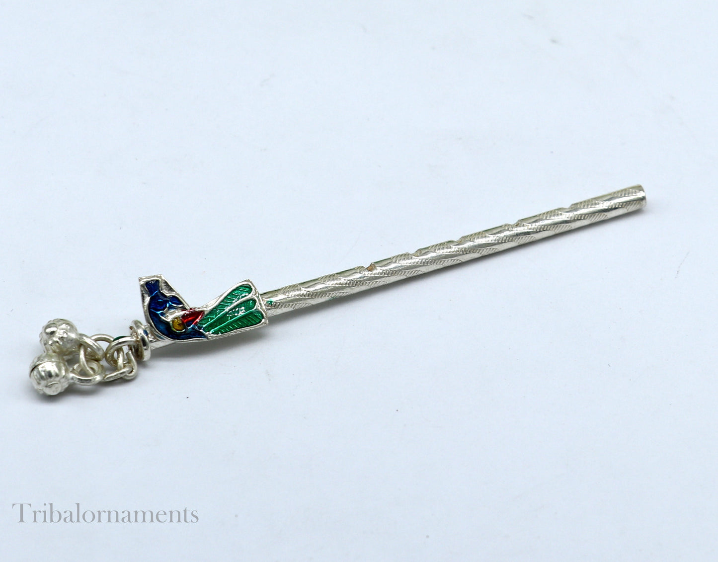 8cm sterling silver handmade Peacock design Krishna flute, silver Bansuri, Baby Gopala flute, little krishna flute puja art su580 - TRIBAL ORNAMENTS