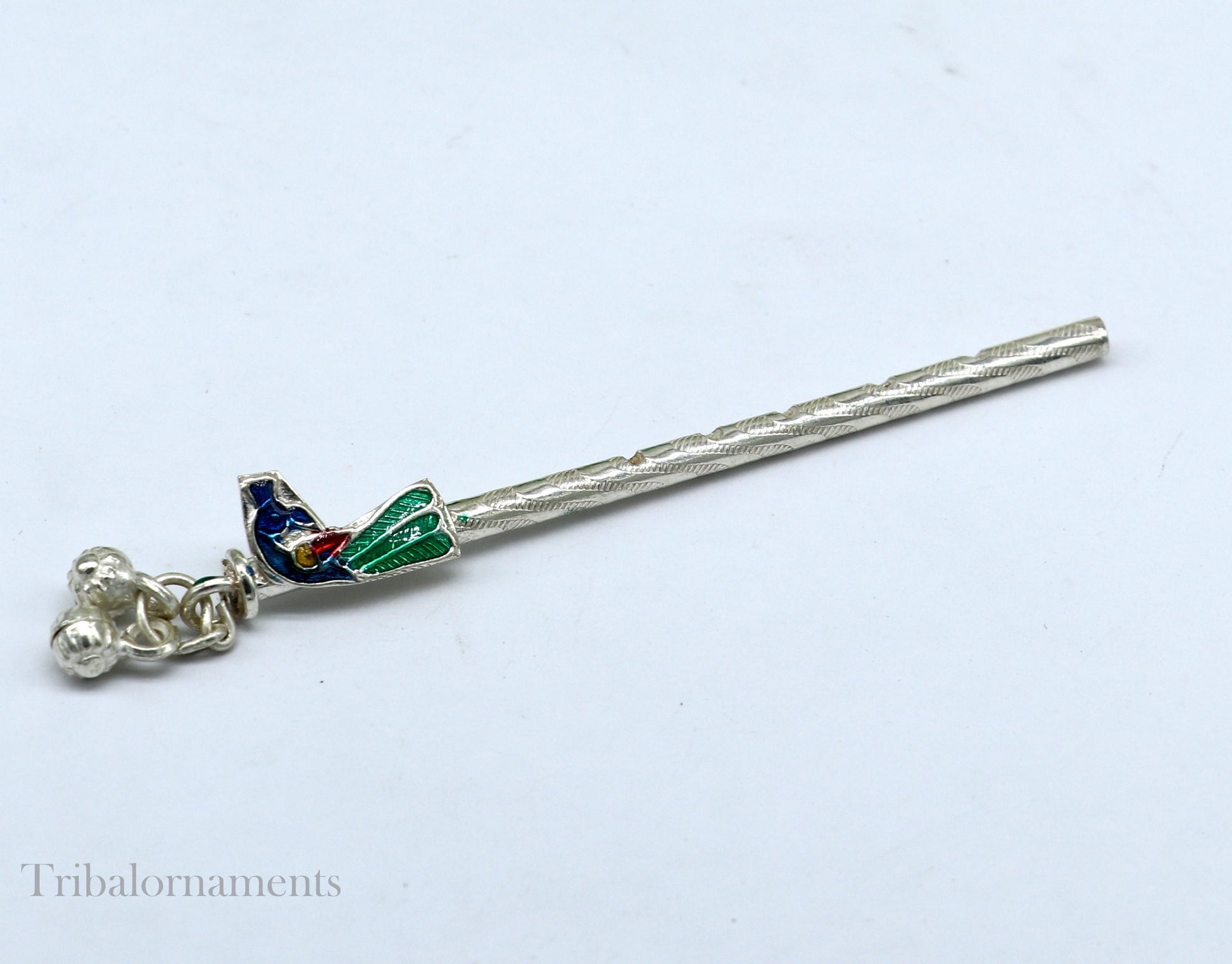 8cm sterling silver handmade Peacock design Krishna flute, silver Bansuri, Baby Gopala flute, little krishna flute puja art su580 - TRIBAL ORNAMENTS