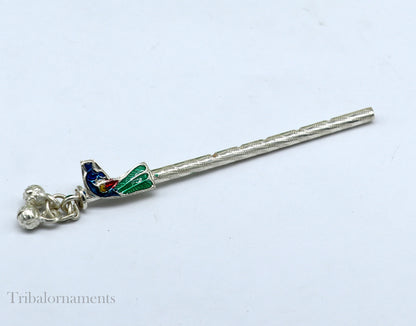 8cm sterling silver handmade Peacock design Krishna flute, silver Bansuri, Baby Gopala flute, little krishna flute puja art su580 - TRIBAL ORNAMENTS