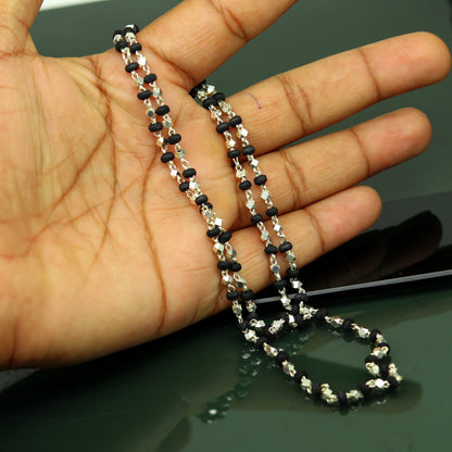 Sterling silver handmade wooden beads black basil rosary unisex necklace with silver chain, tribal-style Tulsi mala jewelry.
