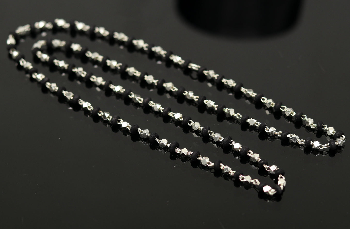 24" Sterling silver handmade wooden beads black basil rosary silver chain necklace unisex jewelry , tulsi mala customized necklace ch82 - TRIBAL ORNAMENTS