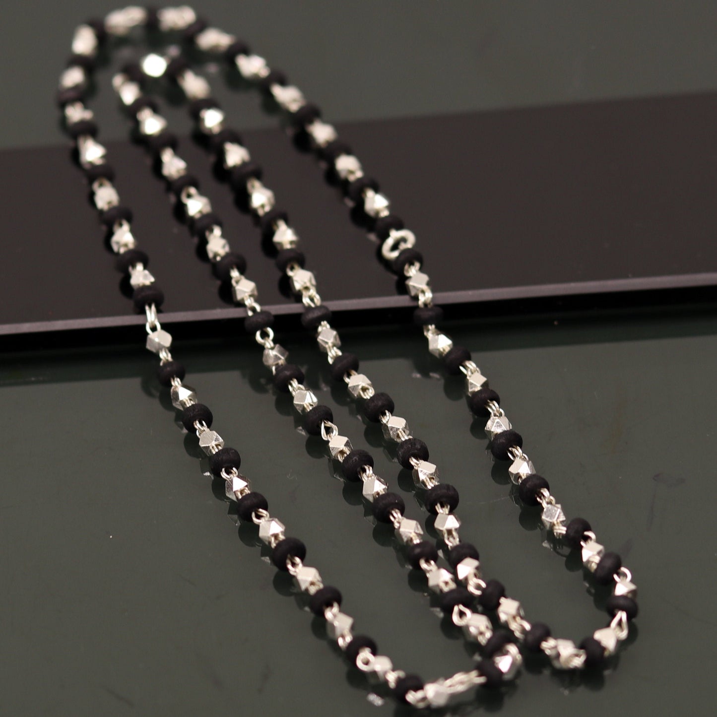 24" Sterling silver handmade wooden beads black basil rosary silver chain necklace unisex jewelry , tulsi mala customized necklace ch82 - TRIBAL ORNAMENTS
