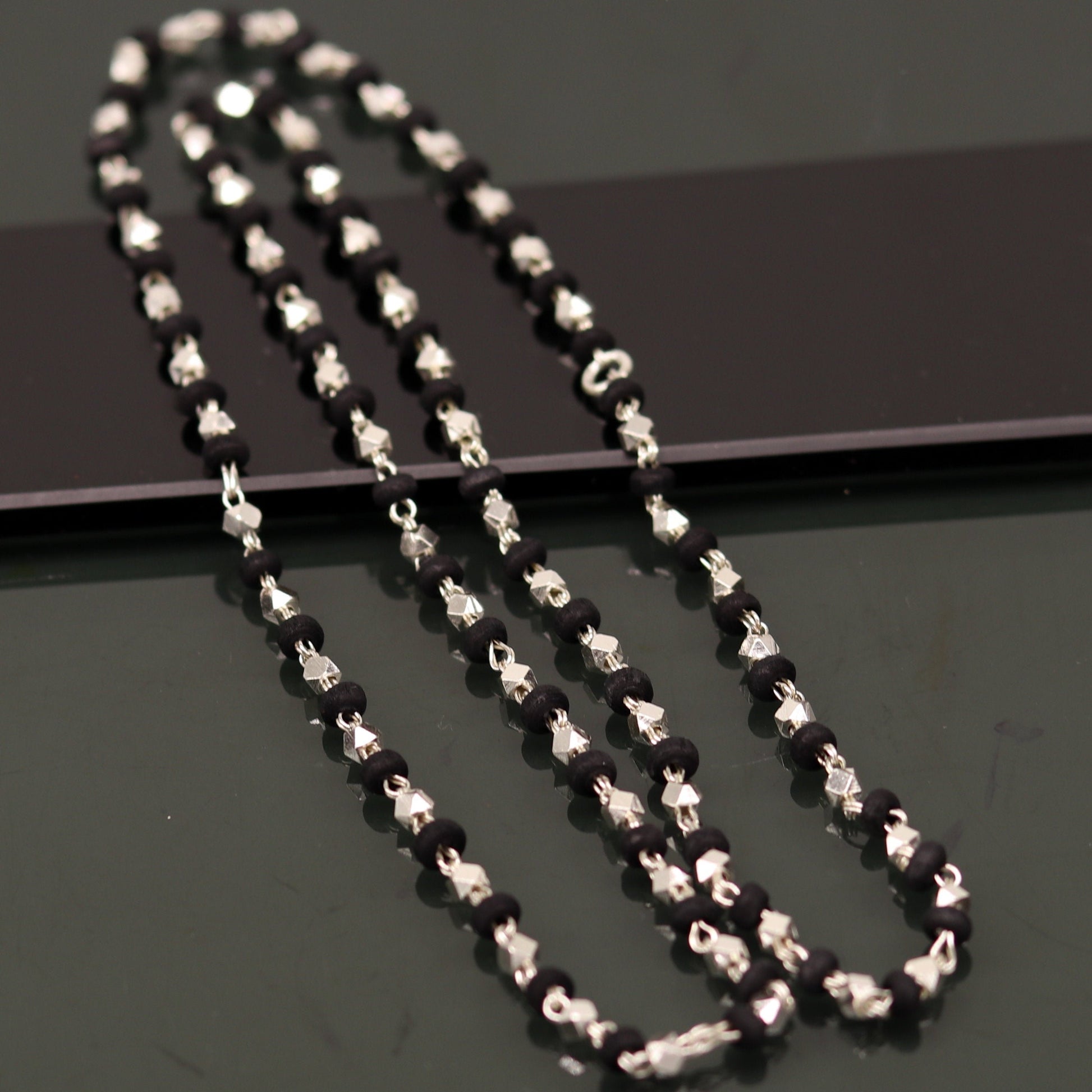 24" Sterling silver handmade wooden beads black basil rosary silver chain necklace unisex jewelry , tulsi mala customized necklace ch82 - TRIBAL ORNAMENTS