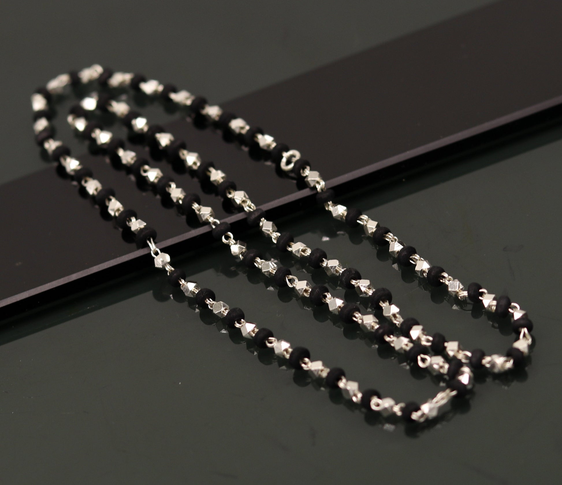 24" Sterling silver handmade wooden beads black basil rosary silver chain necklace unisex jewelry , tulsi mala customized necklace ch82 - TRIBAL ORNAMENTS