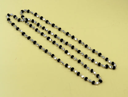 Sterling silver handmade 24-inch wooden beads black basil rosary unisex necklace with silver chain, tribal ornament jewelry, tulsi mala.