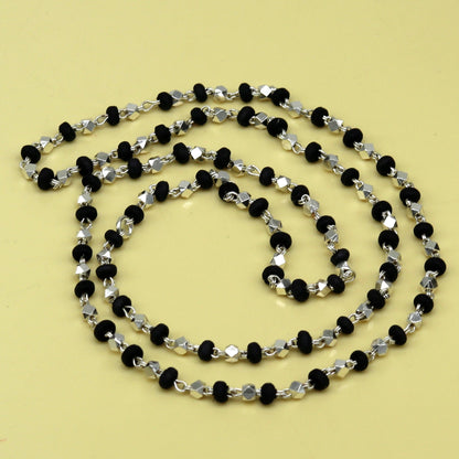 Sterling silver handmade wooden bead rosary necklace featuring black basil beads, unisex jewelry with silver chain and tulsi mala design.