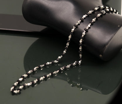 Handmade 8GM 24" sterling silver tulsi mala necklace with wooden beads, black basil, and silver chain, unisex jewelry by TRIBAL ORNAMENTS.