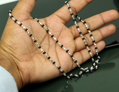Unisex black basil rosary necklace with 8g 24-inch sterling silver chain and handmade wooden beads, customizable Tulsi mala jewelry.