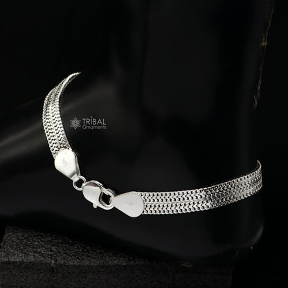 Handmade 8mm sterling silver wheat chain ankle bracelet, tribal ornaments design, 10.5 inches long, perfect for belly dance jewelry.