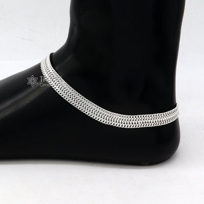 Sterling silver 8mm wheat chain ankle bracelet, handmade with intricate design, ideal for belly dance jewelry or gift wear.
